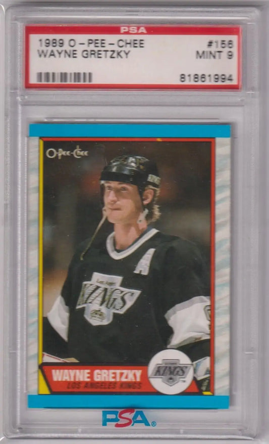 Wayne Gretzky 1989-90 O-Pee-Chee hockey card PSA Mint 9 displayed in Kings product