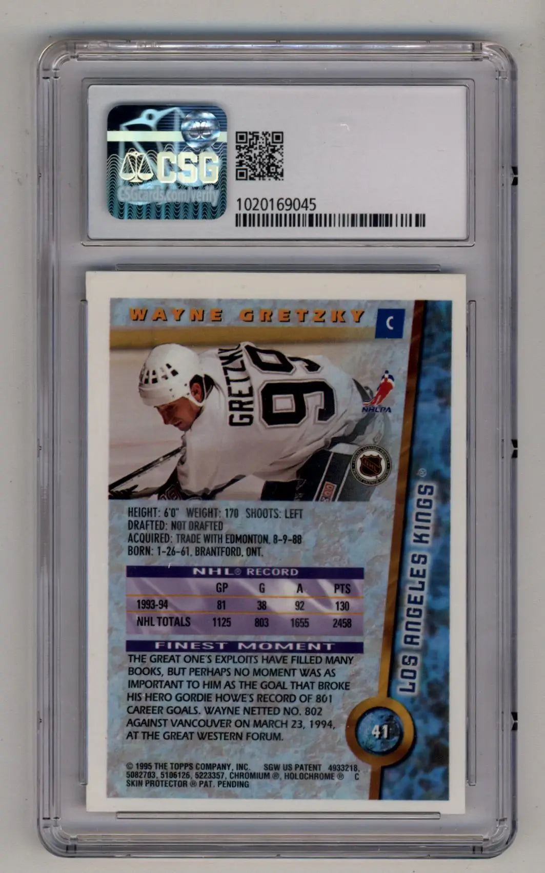 Wayne Gretzky 1994-95 Finest Refractor card in protective case with holographic sticker