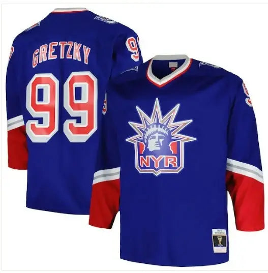 Blue Wayne Gretzky New York Rangers jersey with Statue of Liberty logo and 99 on back