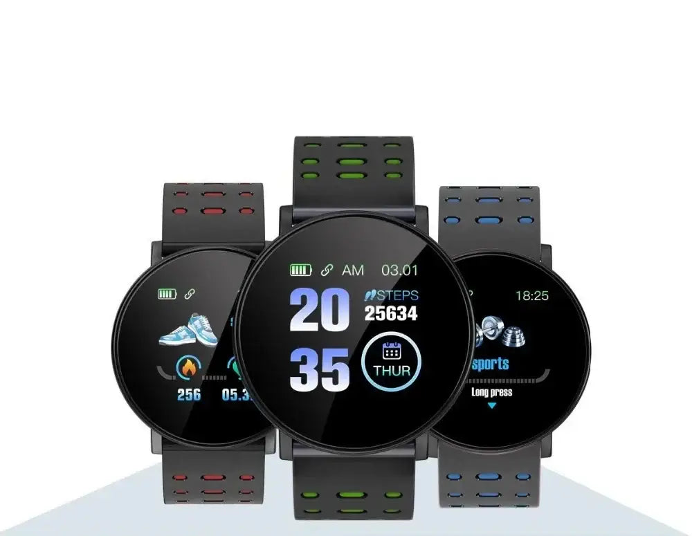 Three black smartwatches with circular displays on Wearable Device Smartwatch Blood Pressure Heart Rate, decorate root width 750px height