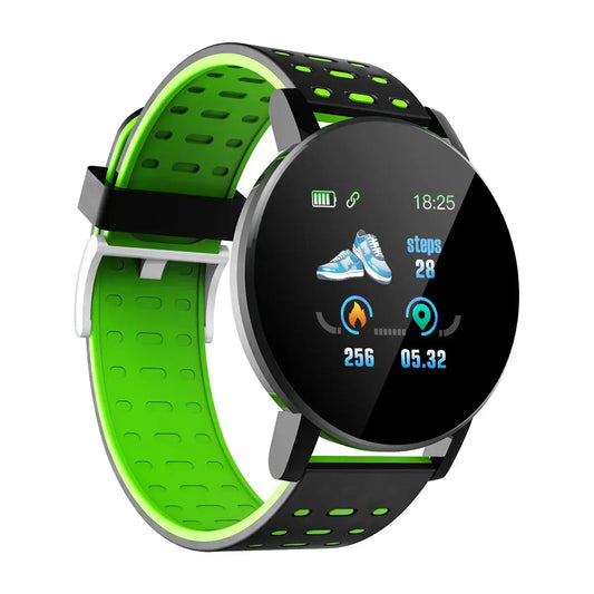 Black and green Fitness Tracker with round display on Wearable Device Smartwatch Blood Pressure Heart Rate