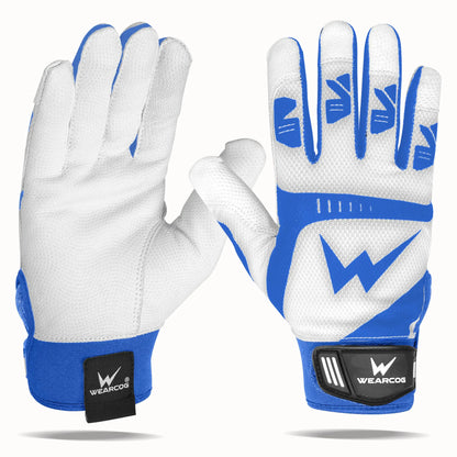 Pair of white and blue baseball batting gloves with double wrist protection and strong grips
