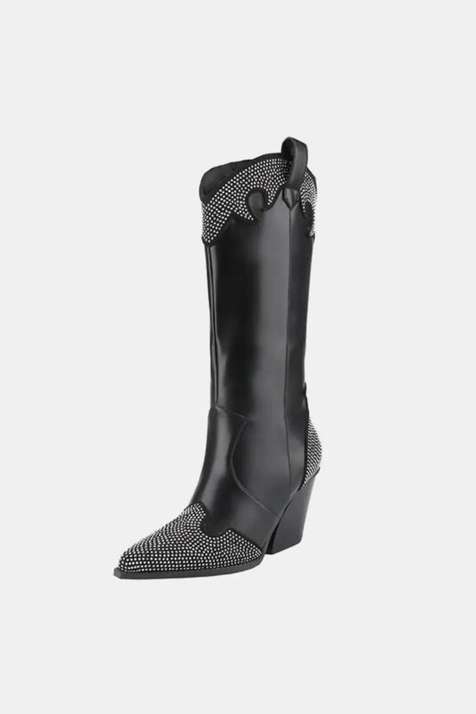 Weeboo Chunky Heel Rhinestone Decor Western Boots - Black / 6.5 - Shoes