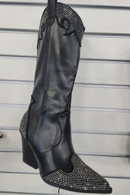 Weeboo Chunky Heel Rhinestone Decor Western Boots - Shoes