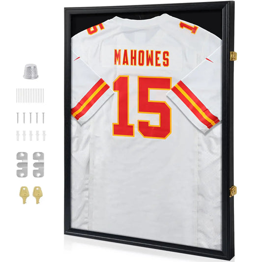 Framed Mahomes jersey in a large lockable jersey frame display case with UV protection acrylic