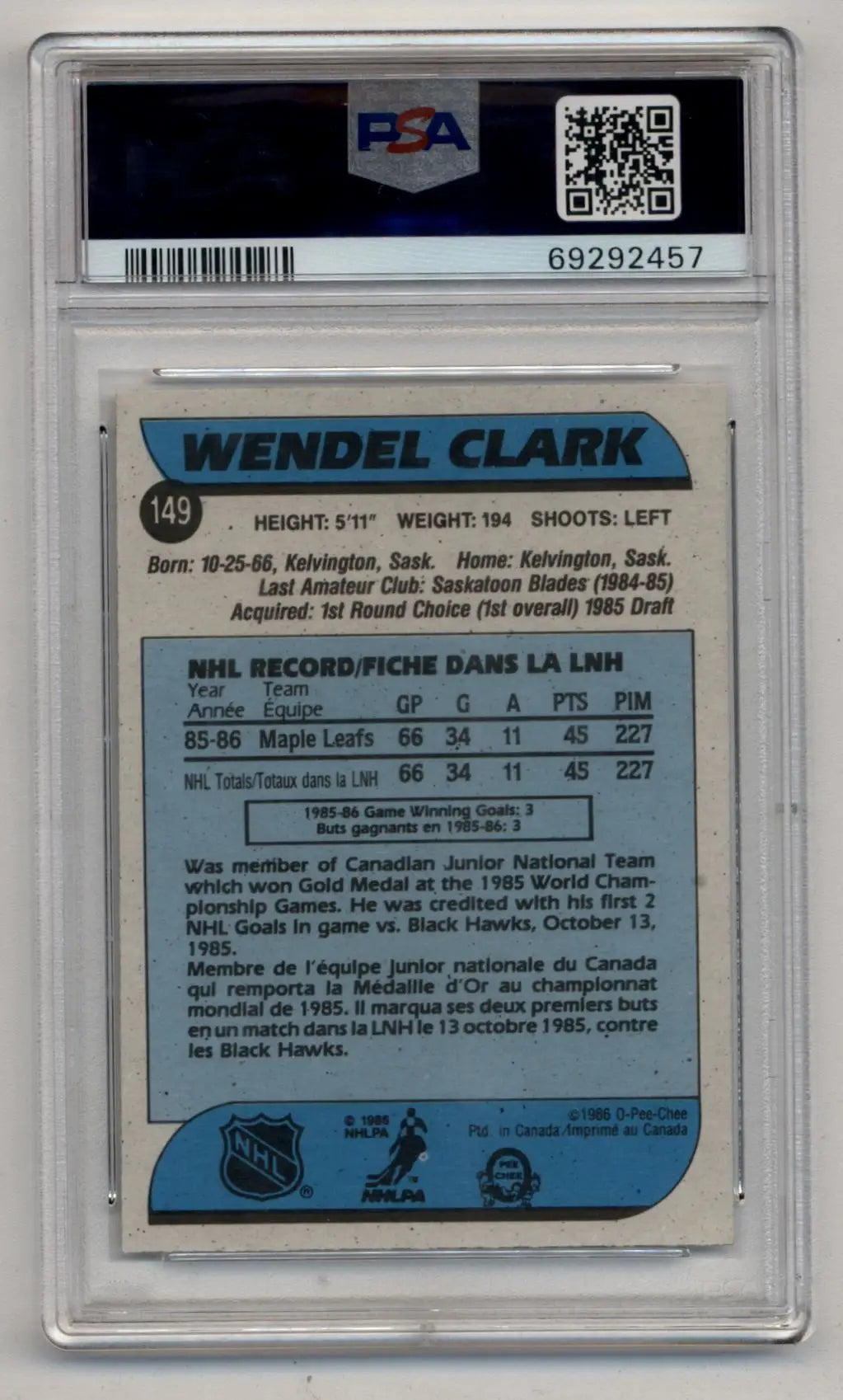 Wendel Clark 1986-87 O-Pee-Chee #149 PSA 9 - Singles