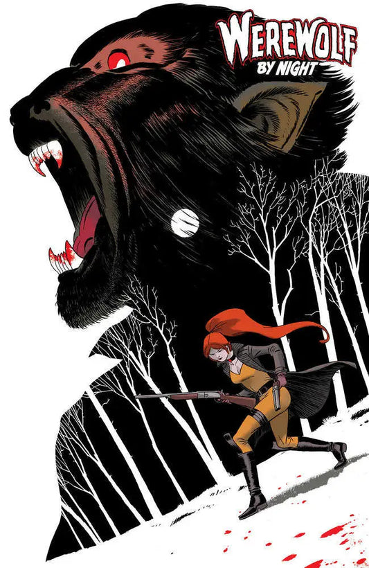 Snarling black werewolf with glowing red eyes towers over cloaked figure in snow scene