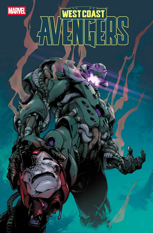 Comic book cover of West Coast Avengers featuring robotic figure holding damaged Iron Man helmet