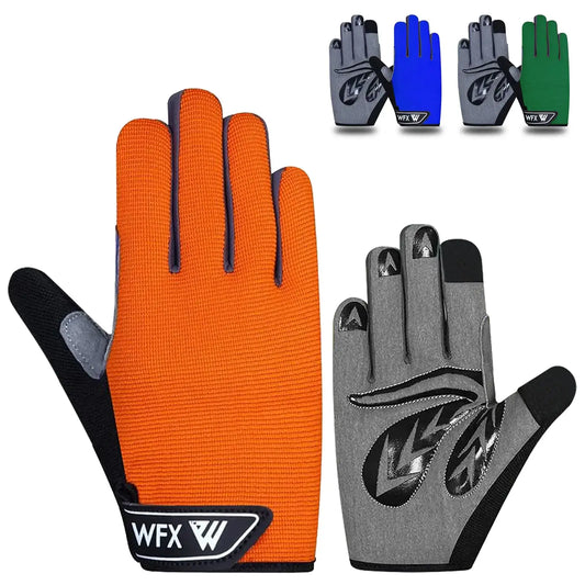 Orange and gray kids cycling gloves with gel padding for mountain biking youth boys