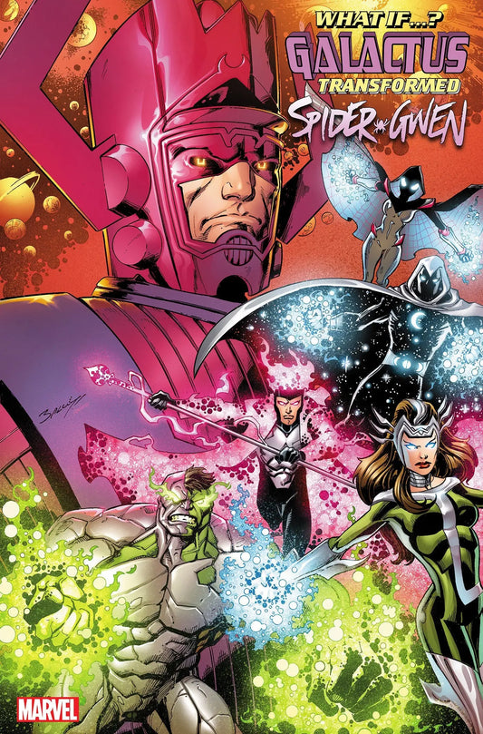 Comic book cover of What If... Galactus Transformed Spider-Gwen Mark Bagley variant