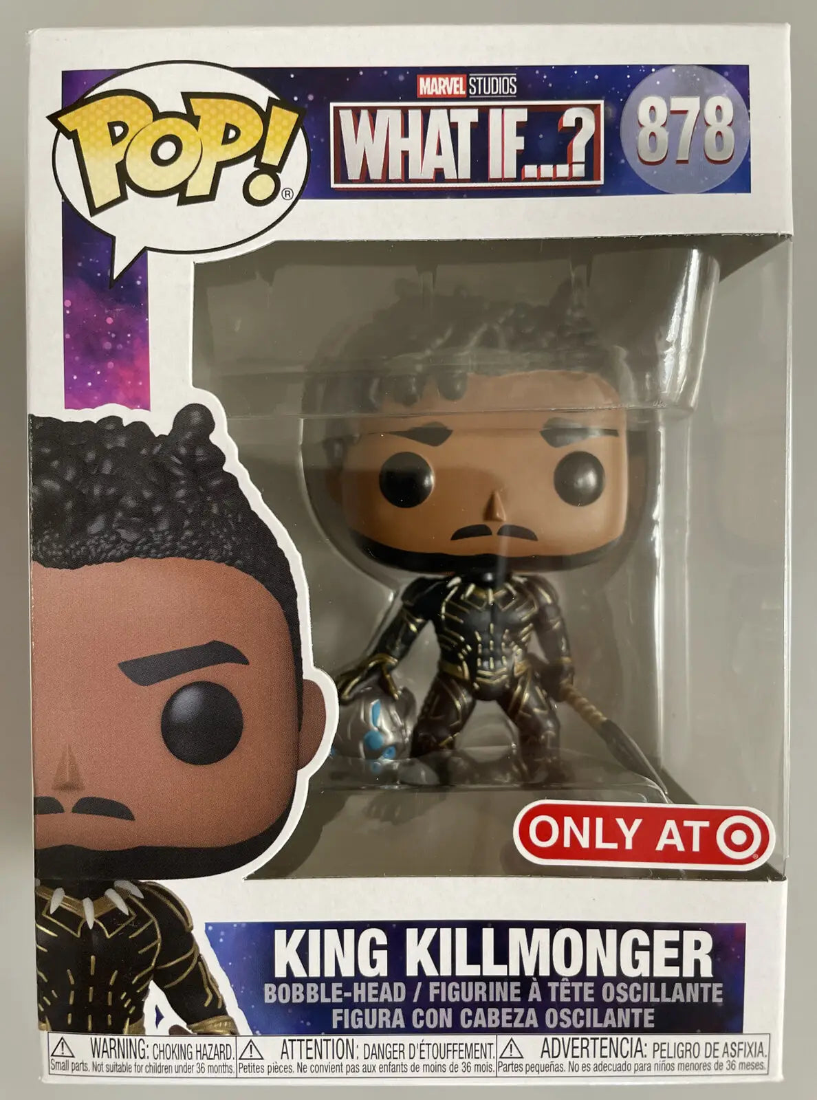 Exclusive Funko Pop of King Killmonger from What If series displayed front view