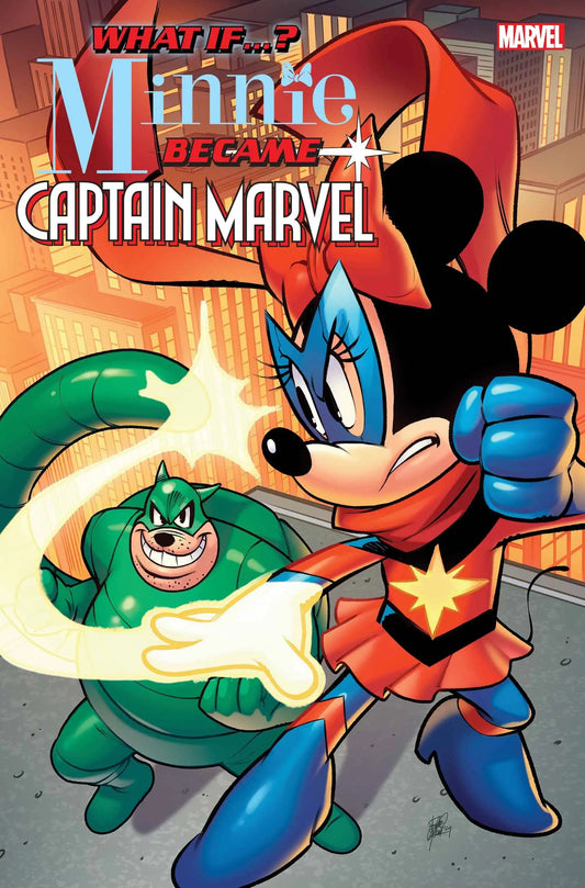 Comic book cover of Minnie Mouse as Captain Marvel battling a green villain