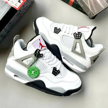 White Cement Air Jordan 4 Retro sneakers with black accents and Jumpman logo, fast shipping