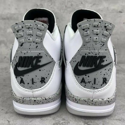 White Cement Air Jordan 4 Retro athletic shoes with Nike branding, fast shipping available