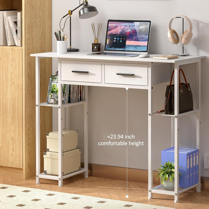 White Computer Desk with Drawers, 37.3 Inch Home Office Work Desk with Storage Shelf, Kids Teens Study Table for Small Space, Small Writing PC Table for Bedroom Makeup Vanity Desk-2