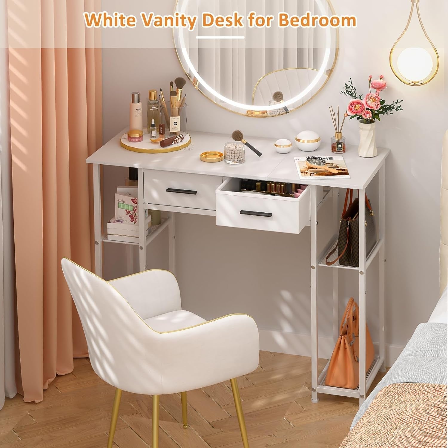 White Computer Desk with Drawers, 37.3 Inch Home Office Work Desk with Storage Shelf, Kids Teens Study Table for Small Space, Small Writing PC Table for Bedroom Makeup Vanity Desk-4