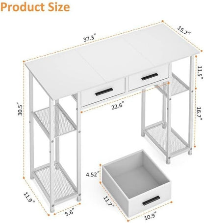 White Computer Desk with Drawers, 37.3 Inch Home Office Work Desk with Storage Shelf, Kids Teens Study Table for Small Space, Small Writing PC Table for Bedroom Makeup Vanity Desk-1