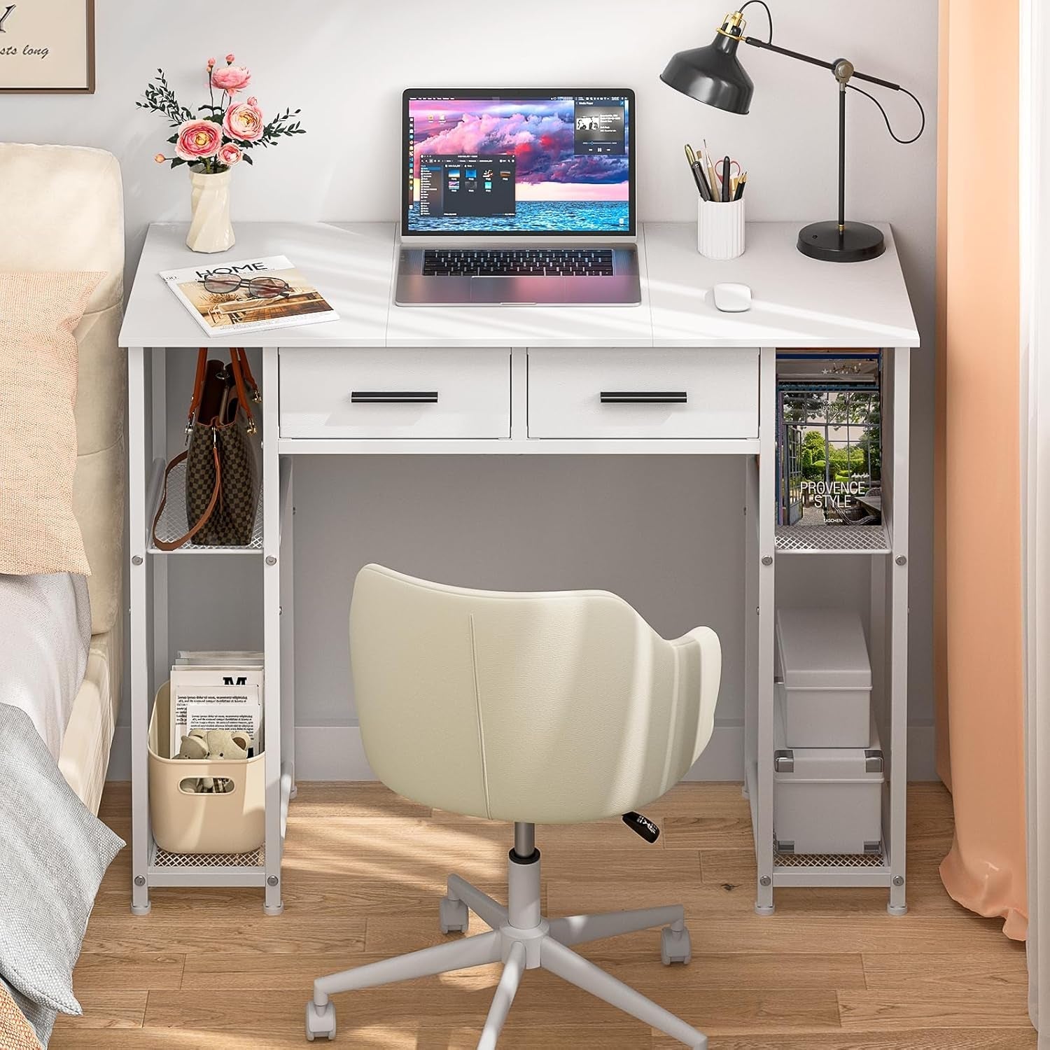 White Computer Desk with Drawers, 37.3 Inch Home Office Work Desk with Storage Shelf, Kids Teens Study Table for Small Space, Small Writing PC Table for Bedroom Makeup Vanity Desk-0