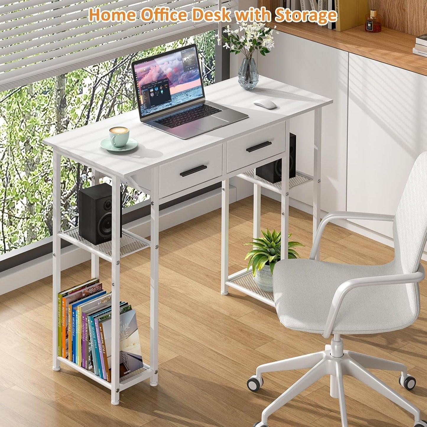 White Computer Desk with Drawers, 37.3 Inch Home Office Work Desk with Storage Shelf, Kids Teens Study Table for Small Space, Small Writing PC Table for Bedroom Makeup Vanity Desk-3