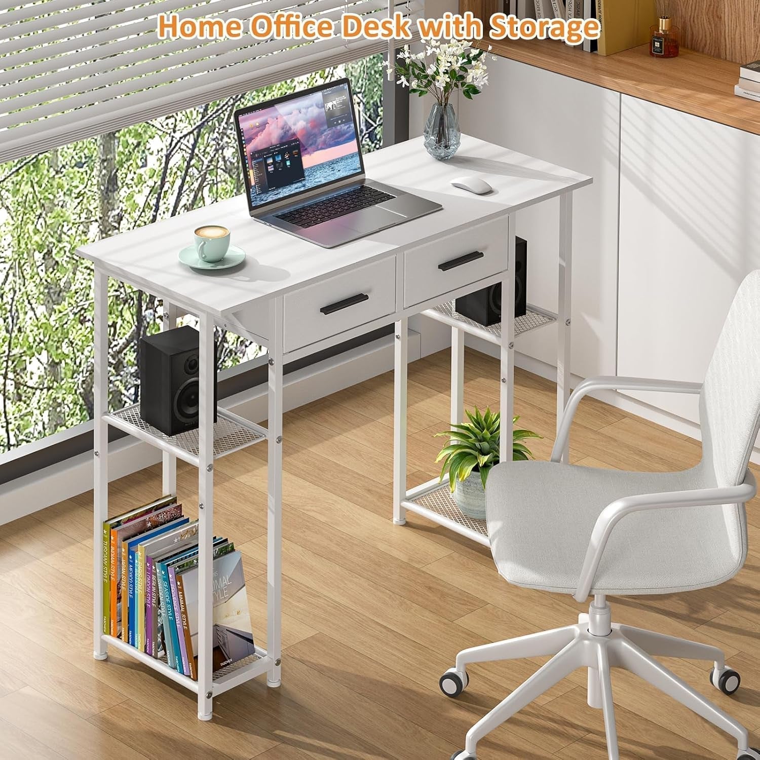White Computer Desk with Drawers, 37.3 Inch Home Office Work Desk with Storage Shelf, Kids Teens Study Table for Small Space, Small Writing PC Table for Bedroom Makeup Vanity Desk-3
