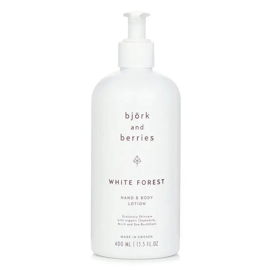 White pump bottle of Björk and Berries White Forest Hand & Body Lotion 400ml