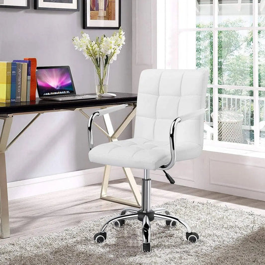 White Modern Faux Leather Mid-Back Swivel Office Chair with Armrests and Wheels - Office Chairs