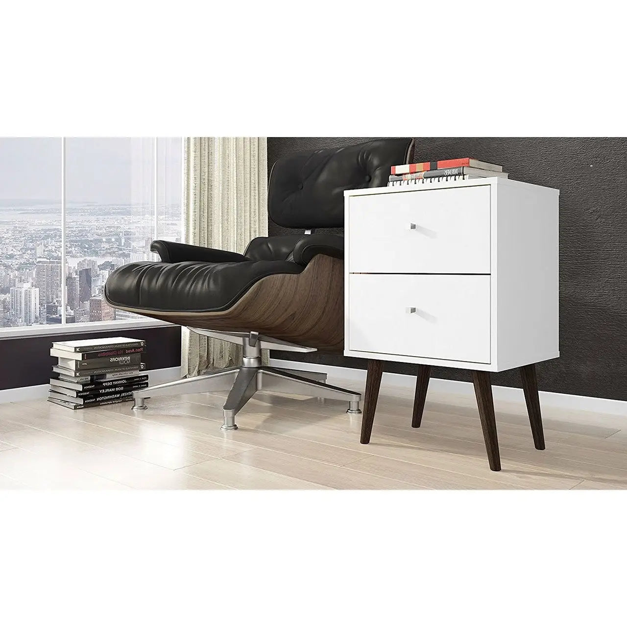 White Modern Mid-Century Style 2-Drawer Side Table Nightstand - Nightstand