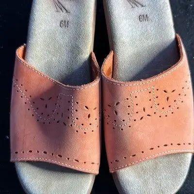 Salmon-colored leather slide sandals with cut-out details from White Mountain for women