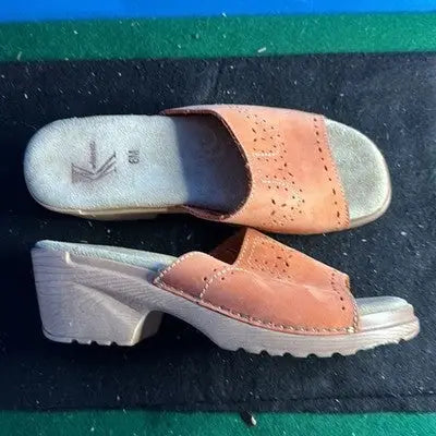 White Mountain orange leather slide sandals for women with flat sole and low block heel
