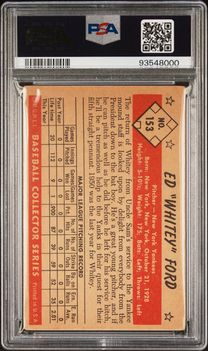 Graded vintage baseball card of Whitey Ford Bowman Color 1953 PSA 3 Very Good