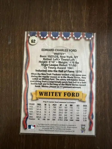 Whitey Ford baseball card featuring Whitey Ford of the New York Yankees MLB team