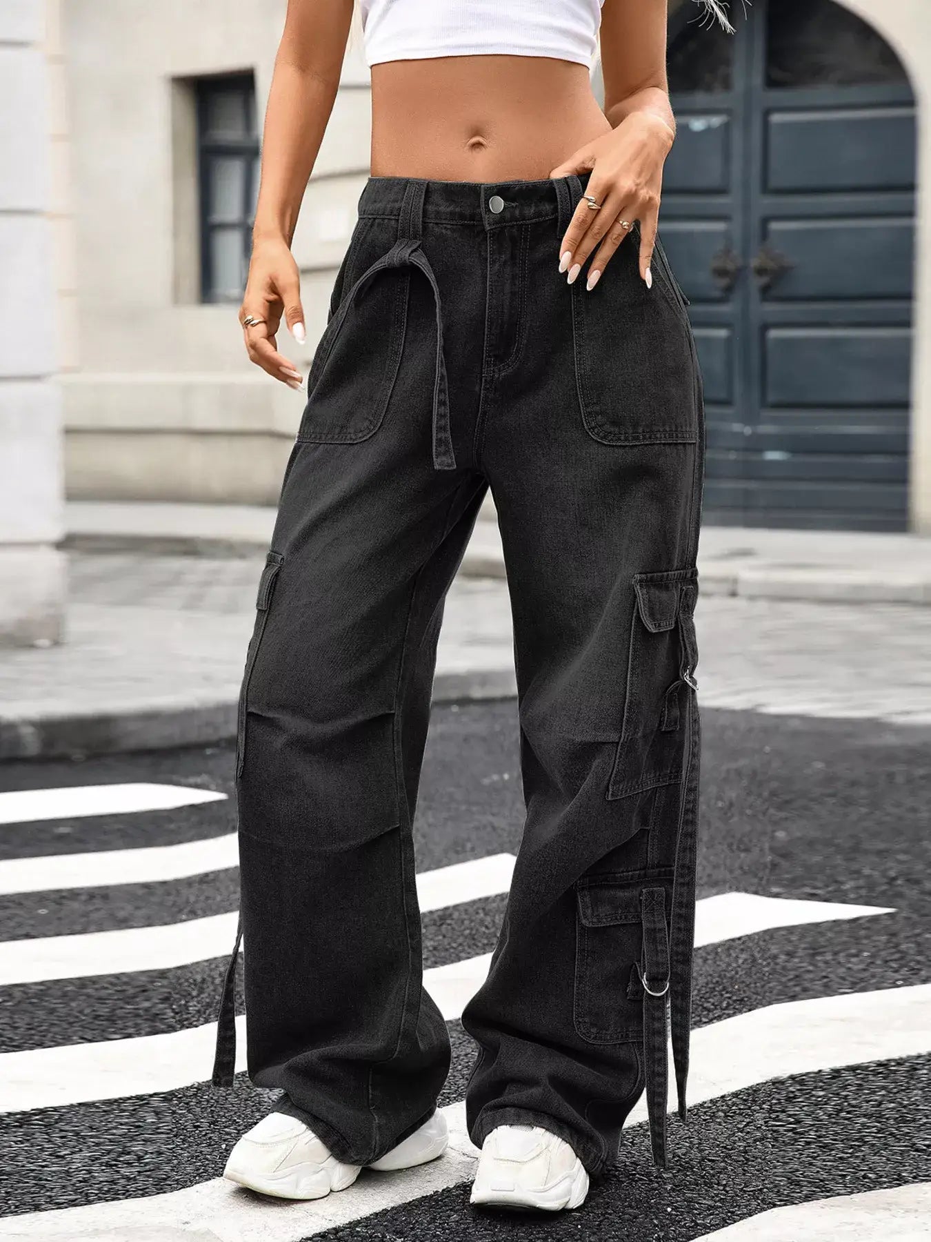 Wide Leg Cargo Jeans - Black / S