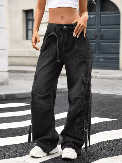 Wide Leg Cargo Jeans - Black / S