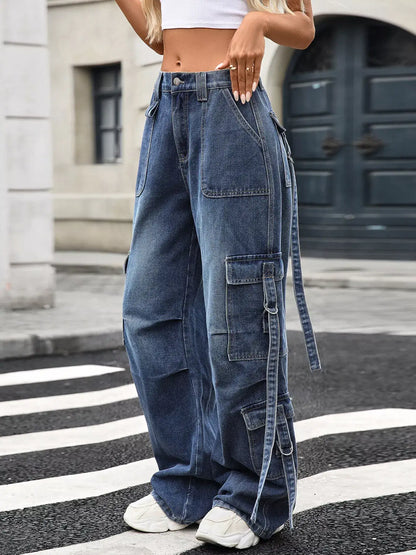 Wide Leg Cargo Jeans - Blue / S