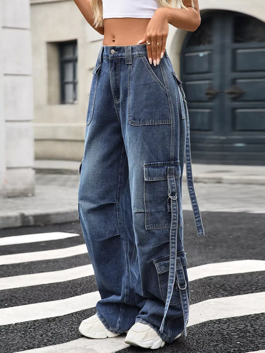 Wide Leg Cargo Jeans - Blue / S