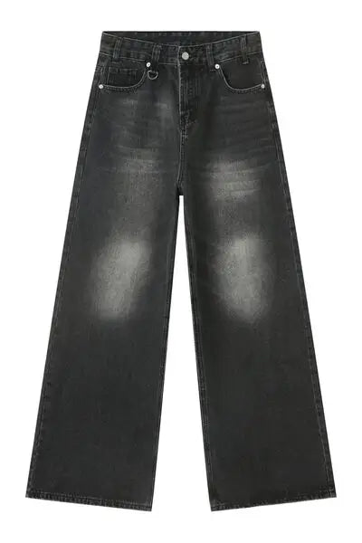 Dark gray distressed wide-leg denim jeans with heart-shaped charm on left pocket