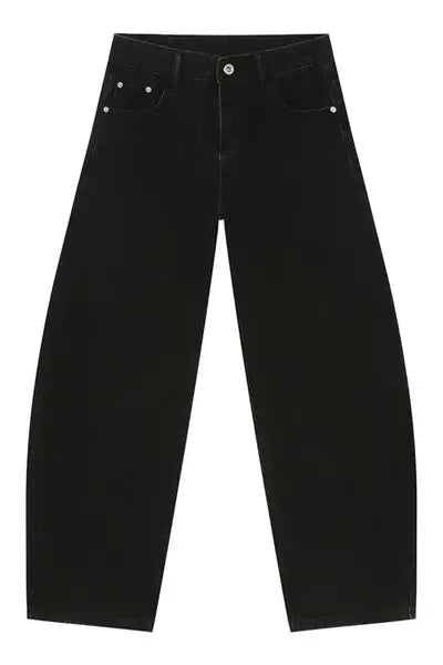 Wide leg black denim jeans with button fly and five pockets for a stylish look
