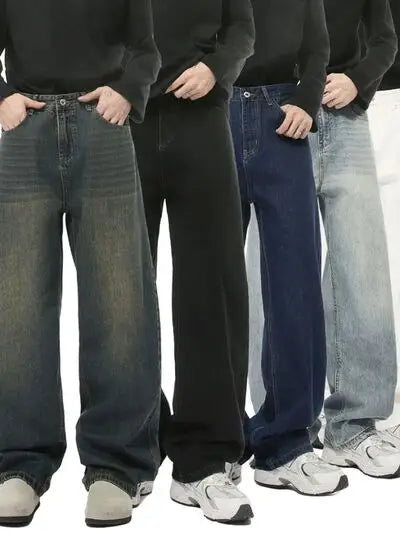 Wide leg jeans with pockets in various washes paired with white sneakers