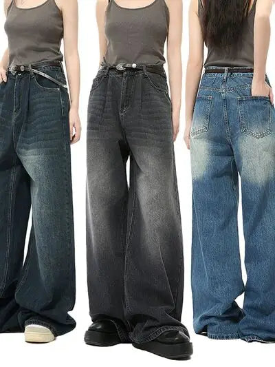Three pairs of women’s wide-leg denim jeans in different washes with pockets