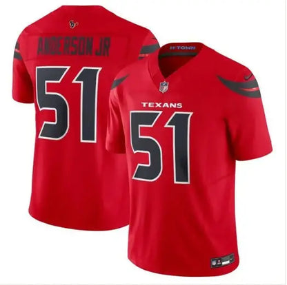 Red Houston Texans football jersey with ANDERSON JR and number 51 for Will Anderson Jr