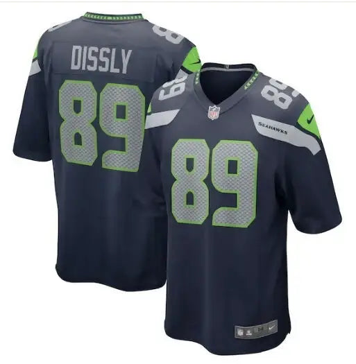 Dark blue Will Dissly Seattle Seahawks Nike Game Jersey with lime green number 89 and white trim