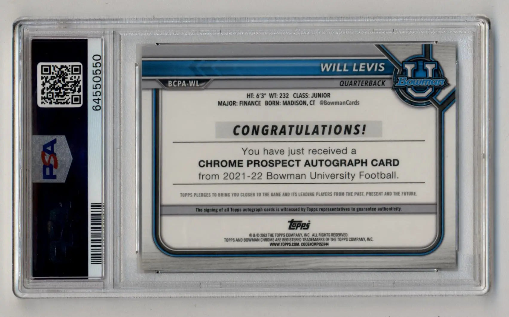 PSA-graded 2021-22 Bowman University Chrome Prospects Gold Lava Refractor Auto of Will Levis