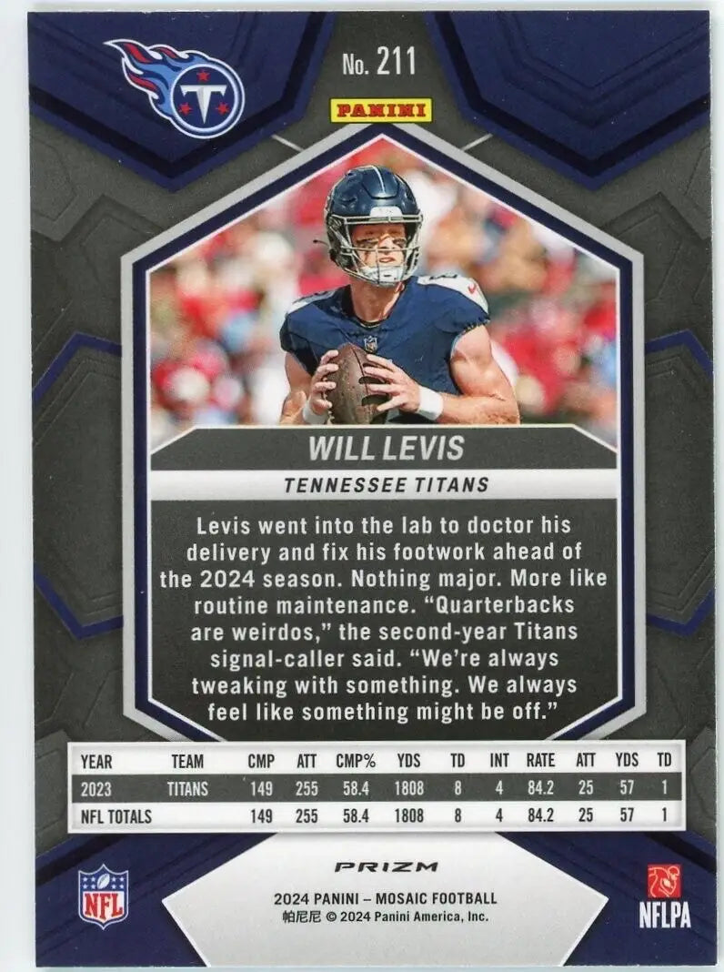 Will Levis 2024 Panini Mosaic green mosaic football card featuring Tennessee Titans