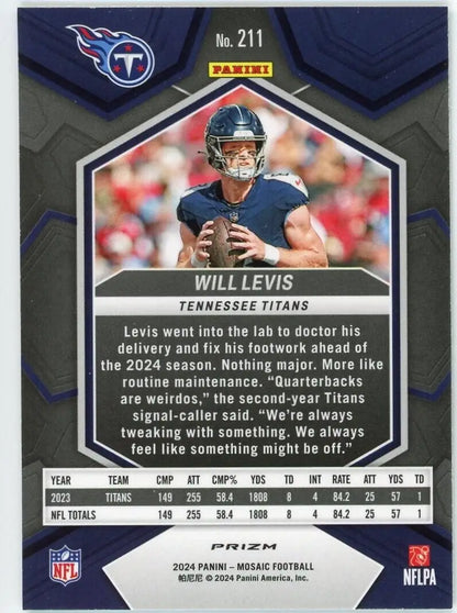 Will Levis 2024 Panini Mosaic green mosaic football card featuring Tennessee Titans