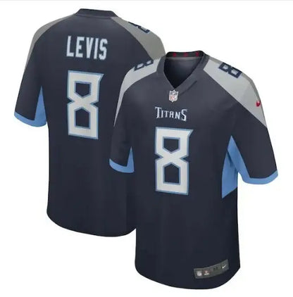 Dark blue Tennessee Titans Will Levis NFL Draft jersey with light blue accents, front and back views