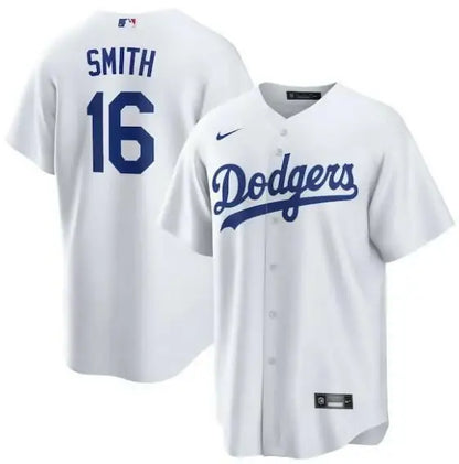 White Dodgers baseball jersey displayed as official replica player jersey for Will Smith