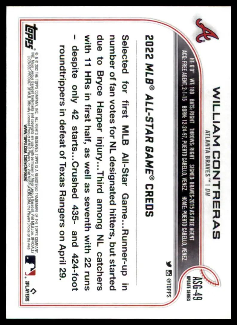 Baseball card back of William Contreras 2022 Topps MLB All-Star Game #ASG-49