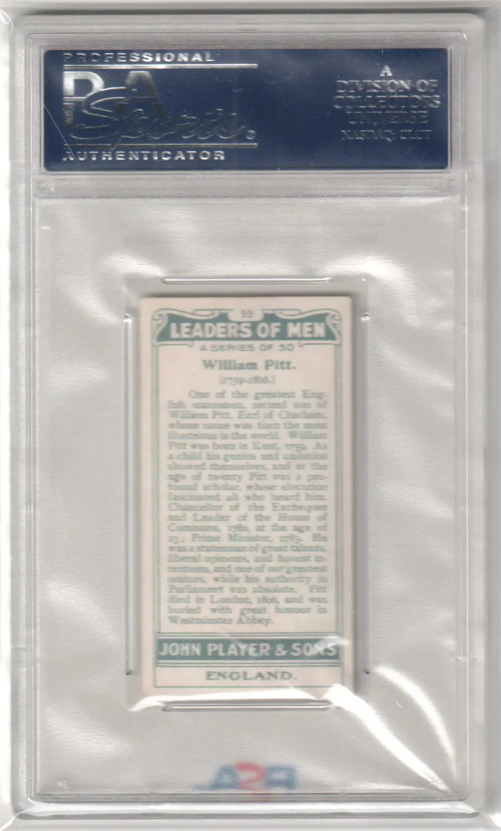 Encased vintage William Pitt trading card from John Player Leaders Of Men collection