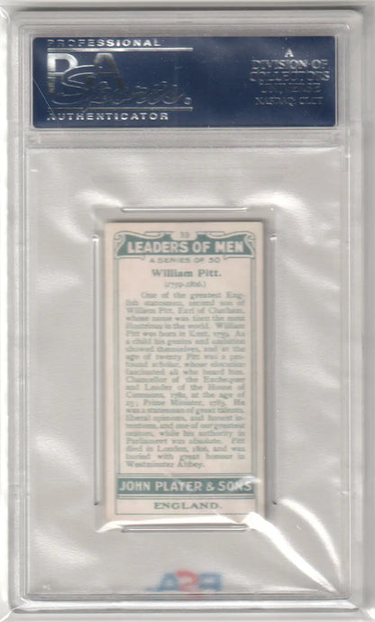 Encased vintage William Pitt trading card from John Player Leaders Of Men collection