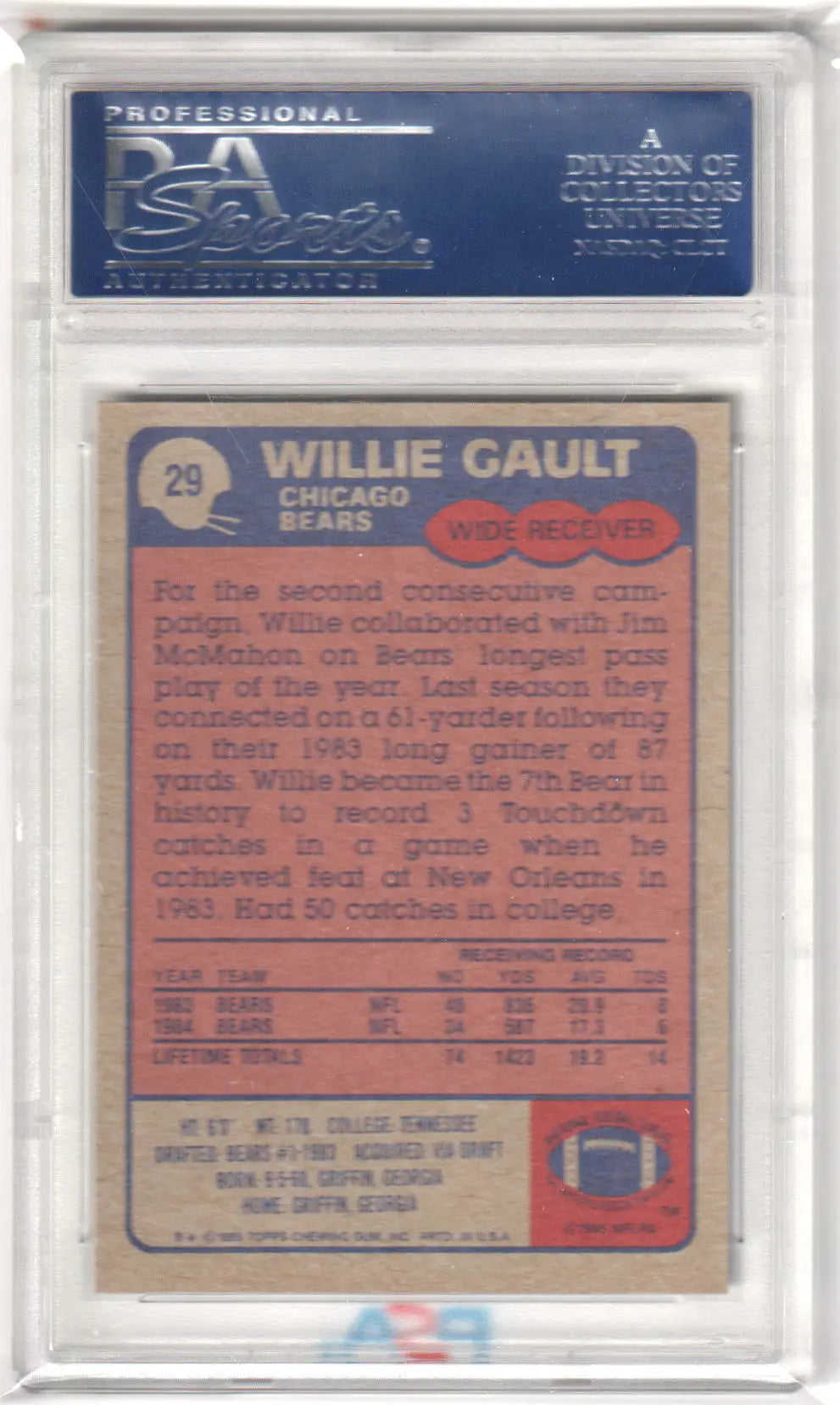Graded Willie Gault football card from 1985 Topps RC by Columbia Hobby in PSA 9 Mint condition